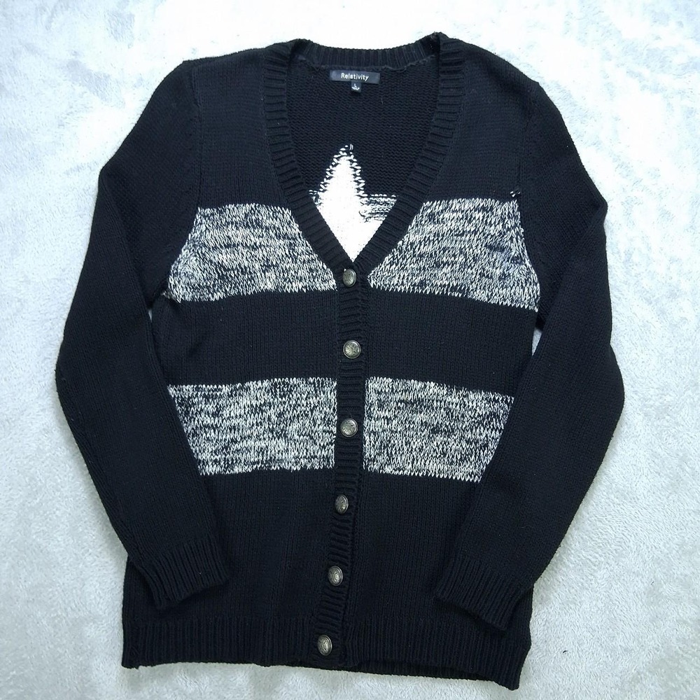 Relativity Women Black Gray Star Button Up Cardigan Sweater Grungecore Size L
